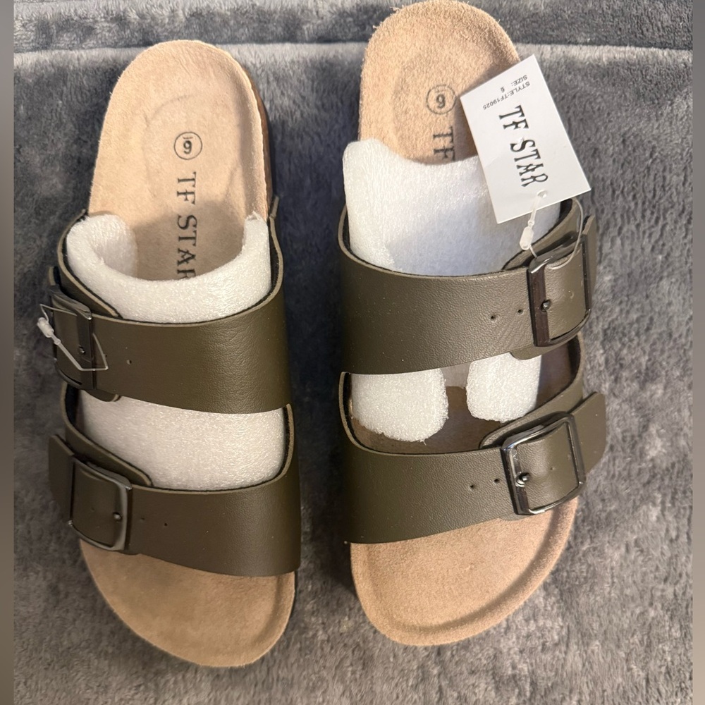 TF STAR Olive Green‎ Double Strap Slide Sandals Size 6 Cork Footbed NEW